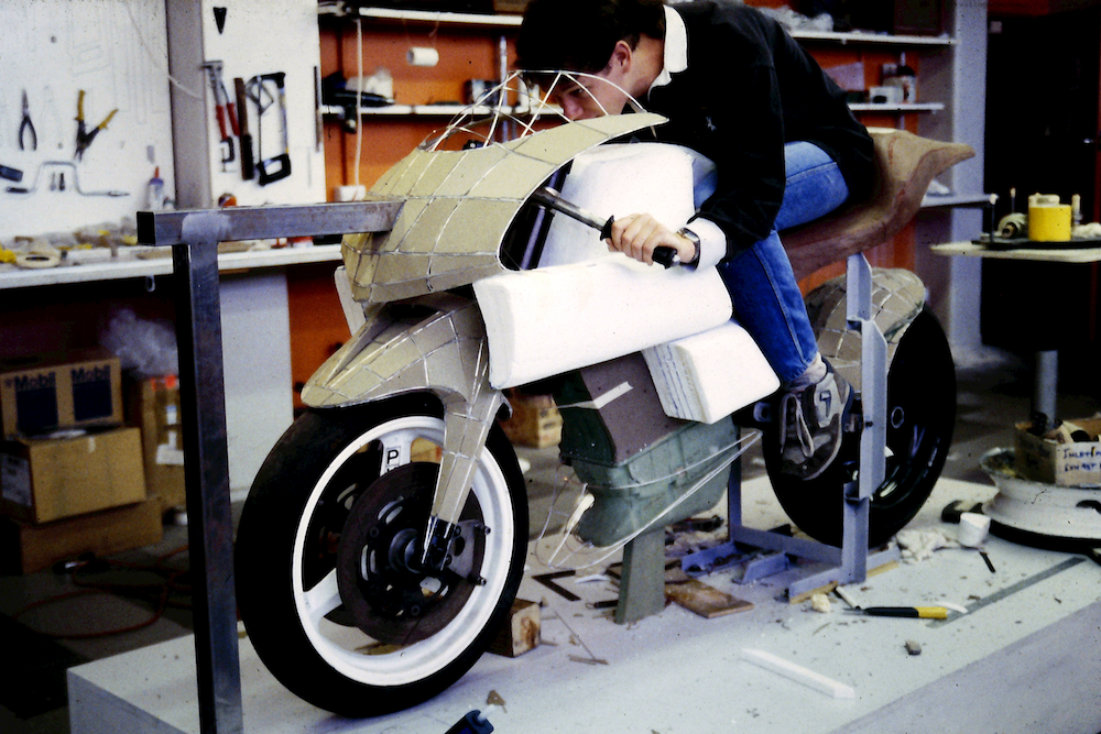 John Britten astride proposed bike mock-up